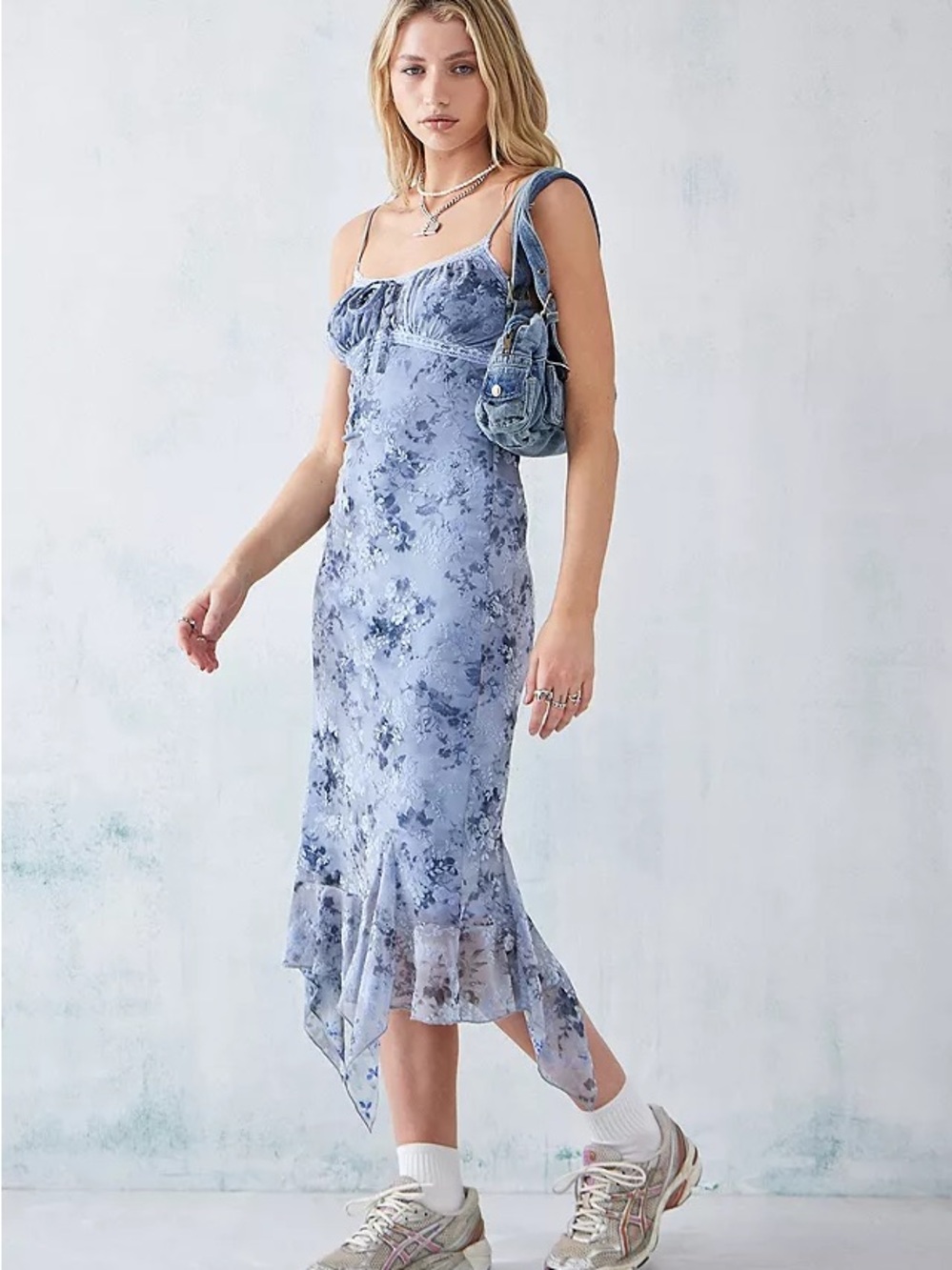 Urban Outfitters Blue Floral High-Low Slip Dress